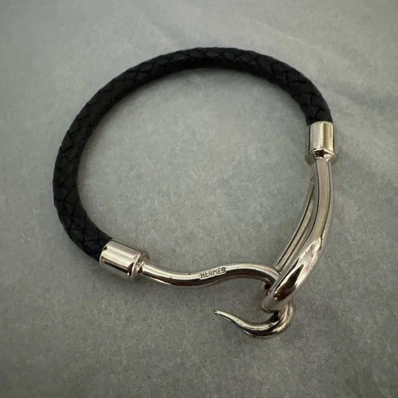Hermès AUTHENTIC Silver & Black Leather Jumbo Hook Braided Tour Bracelet. - Picture 10 of 16